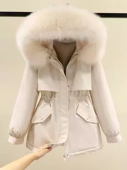 Женская стеганая зимняя большая меховая куртка женская свободная тонкая теплая парка с капюшоном пуховик M белый