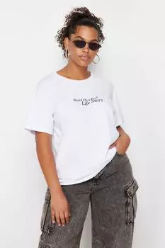 Женская стильная белая трикотажная футболка бойфренда больших размеров с принтом