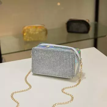 Женская стильная блестящая цепочка 2021 года, маленькая квадратная сумка - повседневная сумка для телефона и косметички чёрный