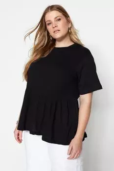 Женская стильная черная трикотажная футболка больших размеров с круглым вырезом