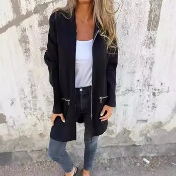 Женская стильная длинная рукава термо ветровка пальто осень зима повседневная молния с капюшоном прямая куртка S серый