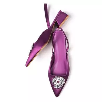 Женская стильная фиолетовая хрустальная каменная пряжка с открытой спиной из атласной ткани на коротких каблуках