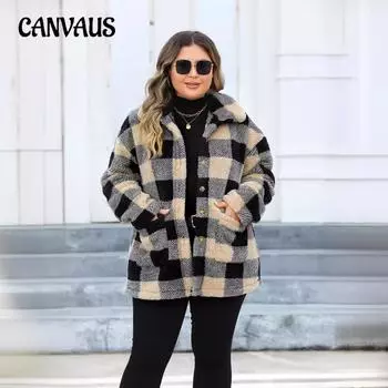 Женская стильная флисовая куртка больших размеров в клетку с отворотами 1XL хаки