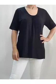 Женская стильная футболка большого размера со сборками спереди, с круглым вырезом и короткими рукавами, черная футболка из чесаного хлопка