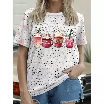 Женская стильная футболка большого размера с принтом в виде кофейной чашки и любви, с круглым вырезом, универсальный топ S