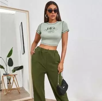 Женская стильная футболка с принтом ангелов и букв, короткий рукав, круглый вырез, контрастная строчка, облегающие повседневные укороченные топы на лето S абрикосовый