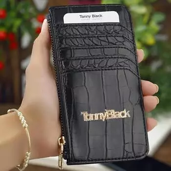 Женская стильная и тонкая визитница из крокодиловой кожи с рисунком из крокодиловой кожи и отделением для бумажных денег на молнии