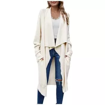 Женская стильная и удобная верхняя одежда с карманами, повседневная однотонная куртка-кардиган с длинными рукавами L бежевый