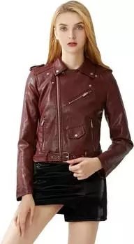 Женская стильная куртка ручной работы из натуральной овчины бордового цвета в байкерском стиле из мягкой кожи S бордовый