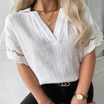 Женская стильная одежда, летние кружевные повседневные рубашки с v-образным вырезом и короткими рукавами, футболки и топы