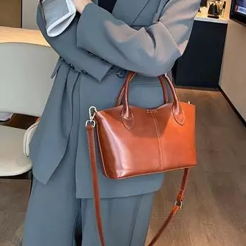 Женская стильная повседневная сумка через плечо из натуральной кожи, женская сумка из коровьей кожи, большая вместительная сумка-тоут темно-коричневого