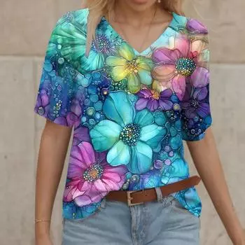 Женская стильная рубашка с цветочным принтом и V-образным вырезом с коротким рукавом, свободная модная рубашка с цветочным принтом, весна-лето, женская одежда Blusas Para Mujer S