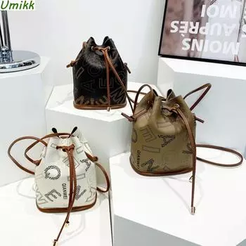 Женская стильная сумка-тоут большой емкости из искусственной кожи, сумка-ведро на шнурке, элегантная сумка через плечо с буквенным принтом для вечеринки, отдыха кофейный