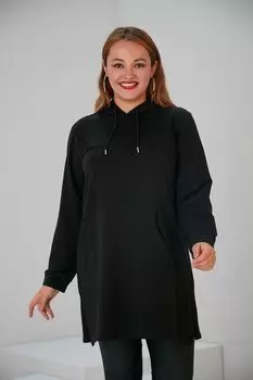 Женская стильная толстовка большого размера с капюшоном, длинная черная толстовка больших размеров