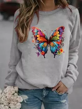 Женская стильная толстовка с длинным рукавом и круглым вырезом с различными популярными зимними узорами S