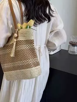 Женская стильная вязаная сумка через плечо, выдолбленная сумка из косички, ручная плетеная сумка-тоут, женская дорожная сумка для поездок на работу 34x8x30cm бежевый