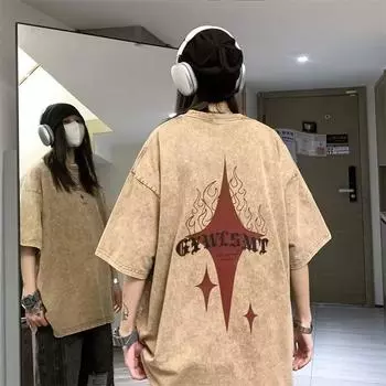 Женская стираная футболка с коротким рукавом и принтом в американском стиле, уличная одежда, топ с круглым вырезом, весенняя футболка, летняя футболка M коричневый