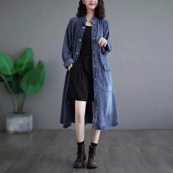Женская стираная винтажная рубашка больших размеров, свободная джинсовая куртка, длинная повседневная джинсовая рубашка 5XL