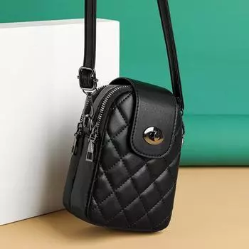 Женская сумка 2023, весенняя новая модная маленькая сумка с вышивкой в виде ромба, сумка-мессенджер на одно плечо, двухслойная сумка для смены мобильного телефона, тренд 12x7.5x18cm чёрный