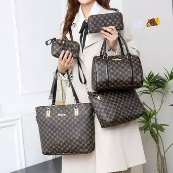 Женская сумка 2024 года, новая сумка через плечо большой вместимости, модная сумка для матери и ребенка, комплект из шести предметов, повседневная сумка-мессенджер, ручная сумка коричневый