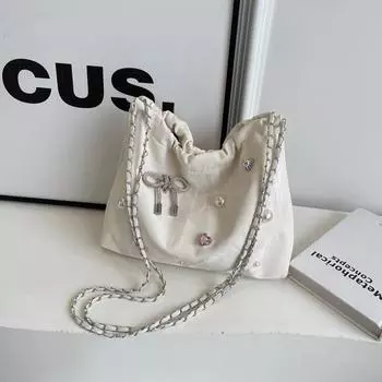 Женская сумка 2024 года, новая сумка-тоут с бантом и жемчугом, женская корейская модная сумка-мессенджер с фактурной цепочкой чёрный