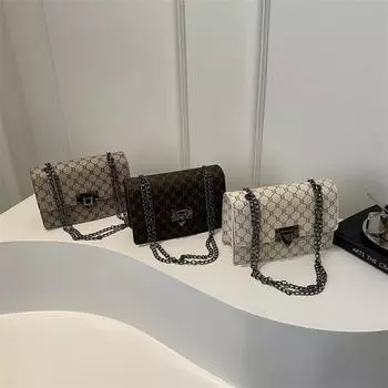 Женская сумка 2024 года, весна, новый тренд, клетчатая, повседневная, ретро, сумка-мессенджер с замком-цепочкой, маленькая квадратная сумка на одно плечо кофейный