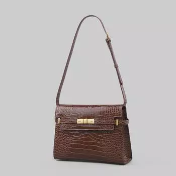 Женская сумка-багет из натуральной кожи Yangshulin с узором под крокодила чёрный