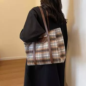 Женская сумка, большая вместительная клетчатая шерстяная большая сумка в клетку, сумка через плечо серый