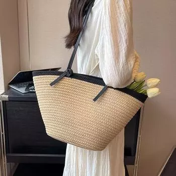 Женская сумка большой вместимости. Новинка 2023 года. Летняя универсальная пляжная сумка на одно плечо с текстурированной тканой сумкой из травяной ткани для поездок на работу.