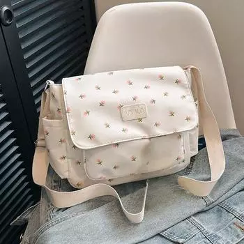 Женская сумка большой вместимости с цветочным узором, сумка через плечо, холщовая дорожная сумка для покупок, школьная сумка для школьников 34x9x27cm бежевый