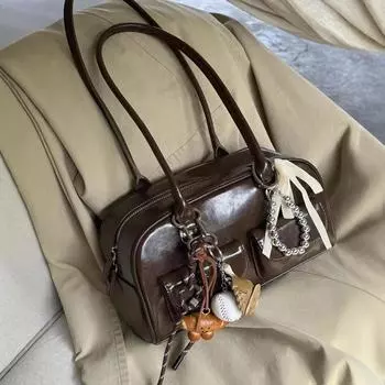 Женская сумка-боулер на плечо весна/лето в винтажном стиле синий