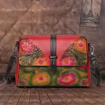 Женская сумка через плечо Aidrani Retro из натуральной кожи, большая вместительная квадратная сумка с цветочным узором, сумка через плечо из коровьей кожи