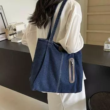 Женская сумка через плечо большой емкости Джинсовая большая сумка Студенческая сумка класса темно-синий