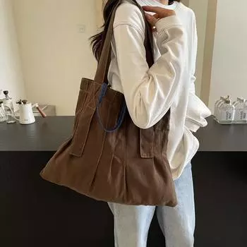 Женская сумка через плечо большой емкости для студентов в стиле ретро из холста однотонная сумка через плечо кофейный