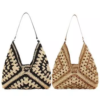 Женская сумка через плечо для отпуска, большая вместительная соломенная сумка-тоут, плетенная соломенная сумка, универсальная сумка с ручкой сверху чёрный
