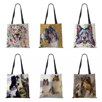 Женская сумка через плечо для путешествий Harajuku, холст, повседневная сумка, эко, повторно используемая картина маслом, собака, большая вместительная сумка для книг