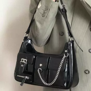Женская сумка через плечо Harajuku Fashion Gothic Casual Black Chains Handbag Hot Girls Pu Leather Женская сумка для мотоцикла Sac чёрный