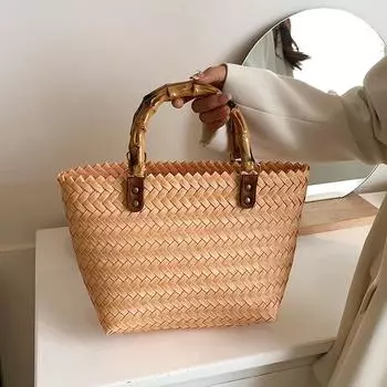 Женская сумка через плечо из бамбука ручной работы, большая деревянная пляжная сумка, модная