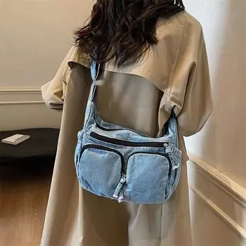 Женская сумка через плечо из денима большой емкости светло-синий