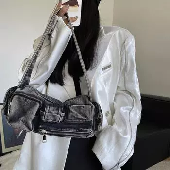 Женская сумка через плечо из денима, большая вместимость, повседневная винтажная сумка через плечо, однотонная сумка-мессенджер