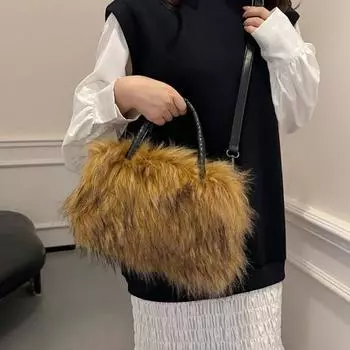 Женская сумка через плечо из искусственного меха с ручкой и плечевым ремнем, вместительная сумка на молнии для повседневного использования, путешествий и вечеринок коричневый