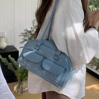 Женская сумка через плечо из искусственной кожи на тонких ремнях в стиле ретро, однотонная, гладкая, большой емкости, с несколькими карманами, на молнии, дорожная сумка, сумка для подмышек синий