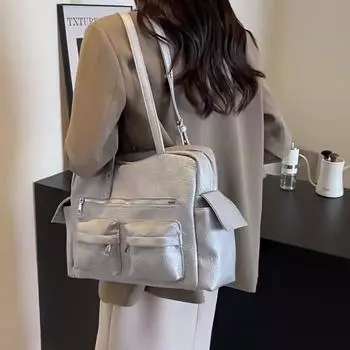 Женская сумка через плечо из искусственной кожи с несколькими карманами, сумка под мышкой, однотонная универсальная сумка для поездок на работу, сумка-тоут с регулируемым ремешком 39x12x27cm чёрный