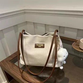 Женская сумка через плечо из искусственной кожи с верхней ручкой и маленькой подвеской, модная однотонная повседневная сумка-ведро для поездок на работу 28x12.5x21.5cm хаки