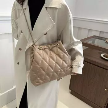 Женская сумка через плечо из искусственной кожи в клетку, стеганая, с подкладкой, легкая, повседневная, с цепочкой, большая сумка-ведро чёрный