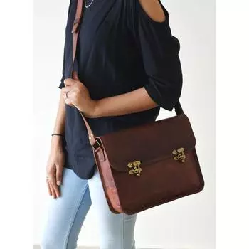 Женская сумка через плечо из козьей кожи, винтажная сумка-портфель ручной работы, коричневая сумка 11 x 9 x 3 in коричневый