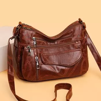 Женская сумка через плечо из многослойной мягкой кожи, сумка через плечо с шитьем, сумка для мам среднего возраста чёрный