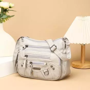 Женская сумка через плечо из мягкой кожи с несколькими отделениями и карманами винный