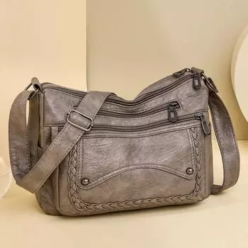 Женская сумка через плечо из мягкой кожи среднего возраста, однотонная однотонная сумка на плечо большой емкости с несколькими карманами хаки