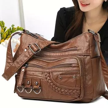 Женская сумка через плечо из мягкой кожи большой емкости, повседневная сумка через плечо со случайными цветочными украшениями, множеством карманов и плетеными акцентами коричневый